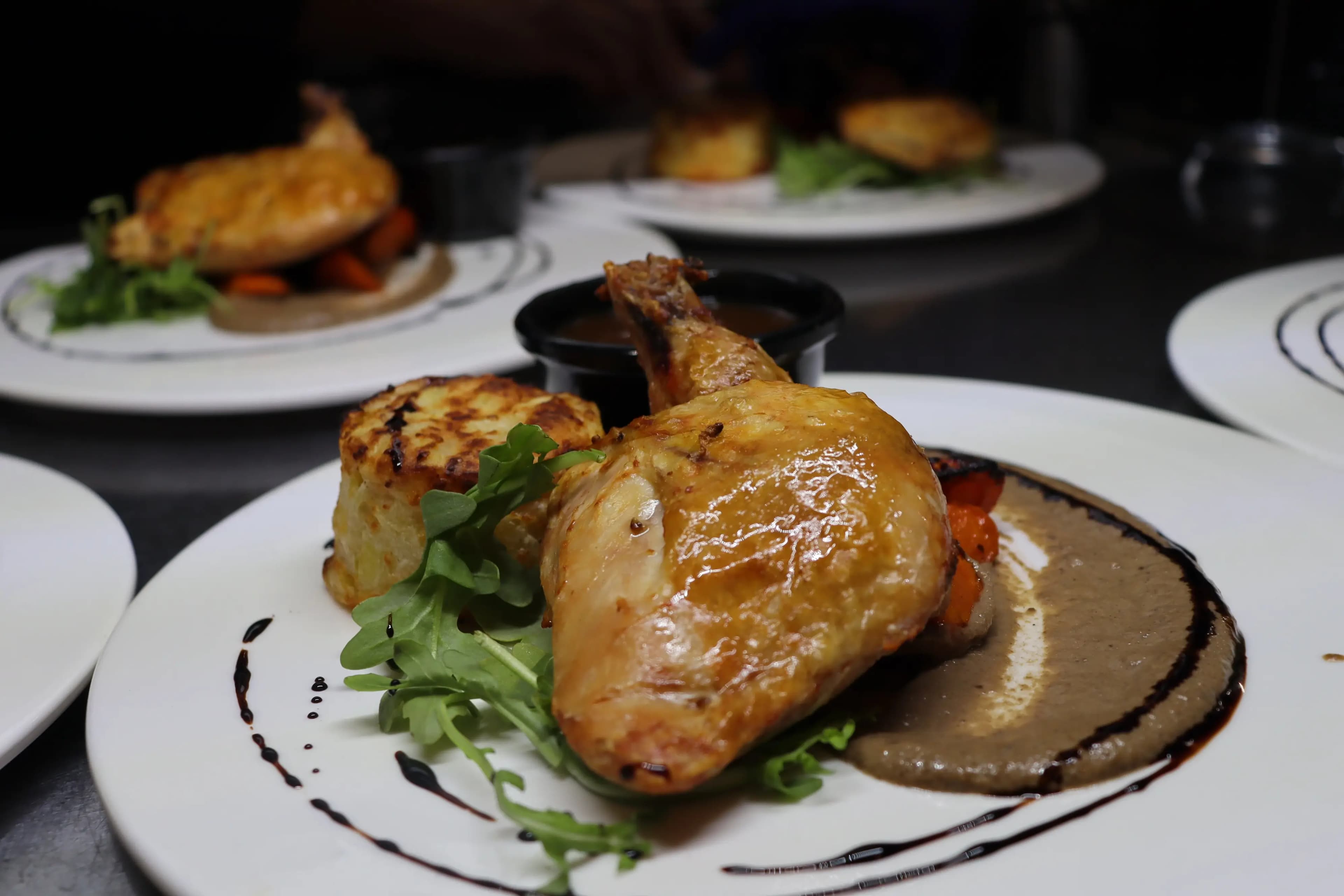 Oven Roasted Chicken with Arugula, Balsamic Drizzle and a Dauphinoise Potato